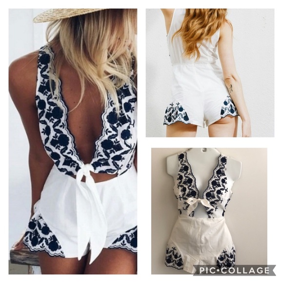 Other - Embroidered Navy & White Romper